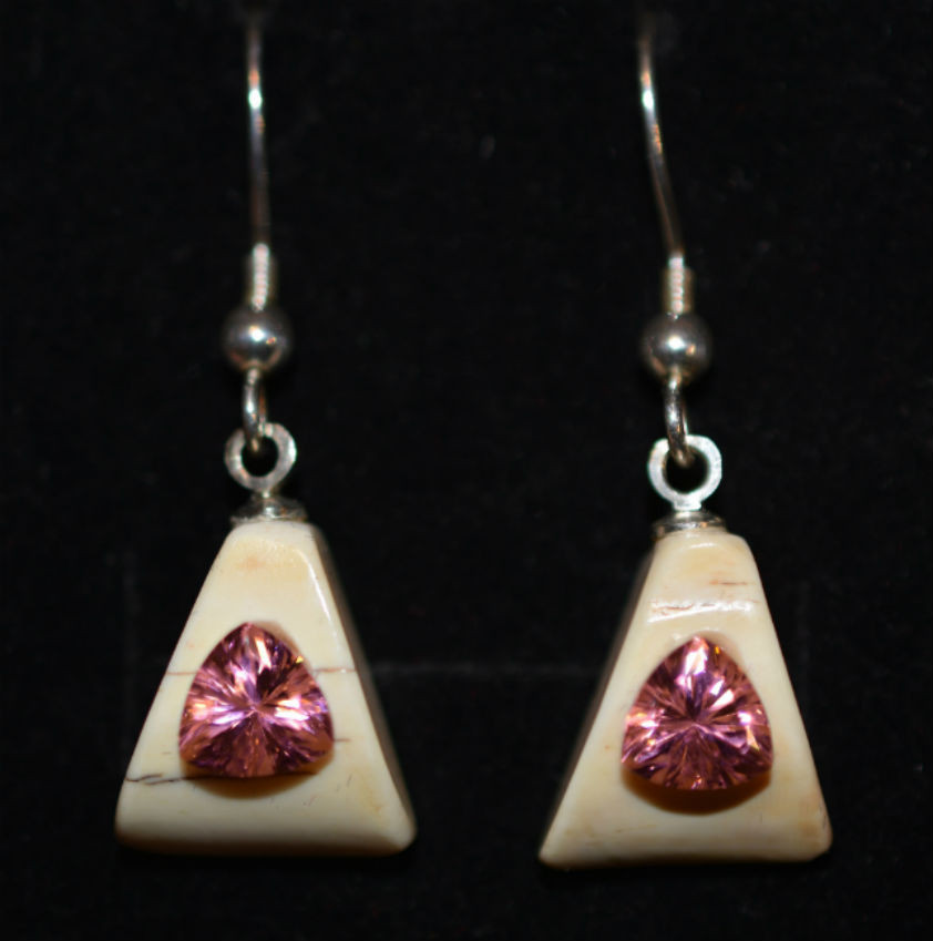Alaskan Native crafted ivory with bubblegum pink, man-made Yag trillion gems as the stunning center stones of this beautiful earring set