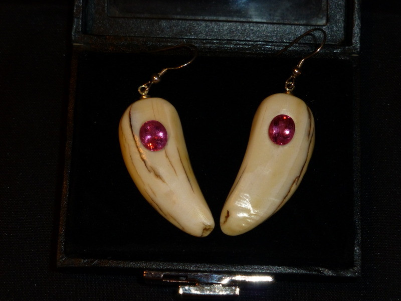Very nice, Alaskan Native crafted ivory with natural, pink oval tourmalines as center stones for this unique earring set