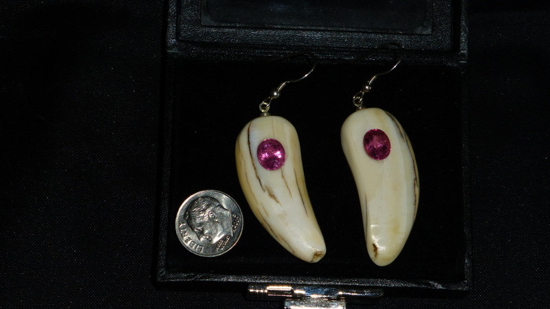 Very nice, Alaskan Native crafted ivory with natural, pink oval tourmalines as center stones for this unique earring set