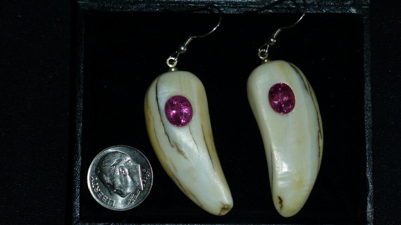 Very nice, Alaskan Native crafted ivory with natural, pink oval tourmalines as center stones for this unique earring set