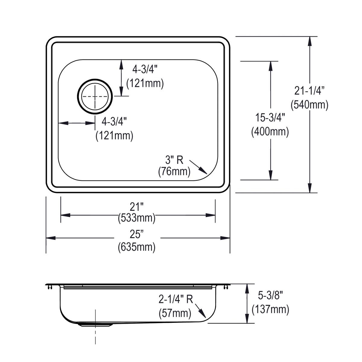 Elkay Dayton Stainless Steel 25" x 21-1/4" x 5-3/8", 2-Hole Single Bowl Drop-in Sink with Left Drain