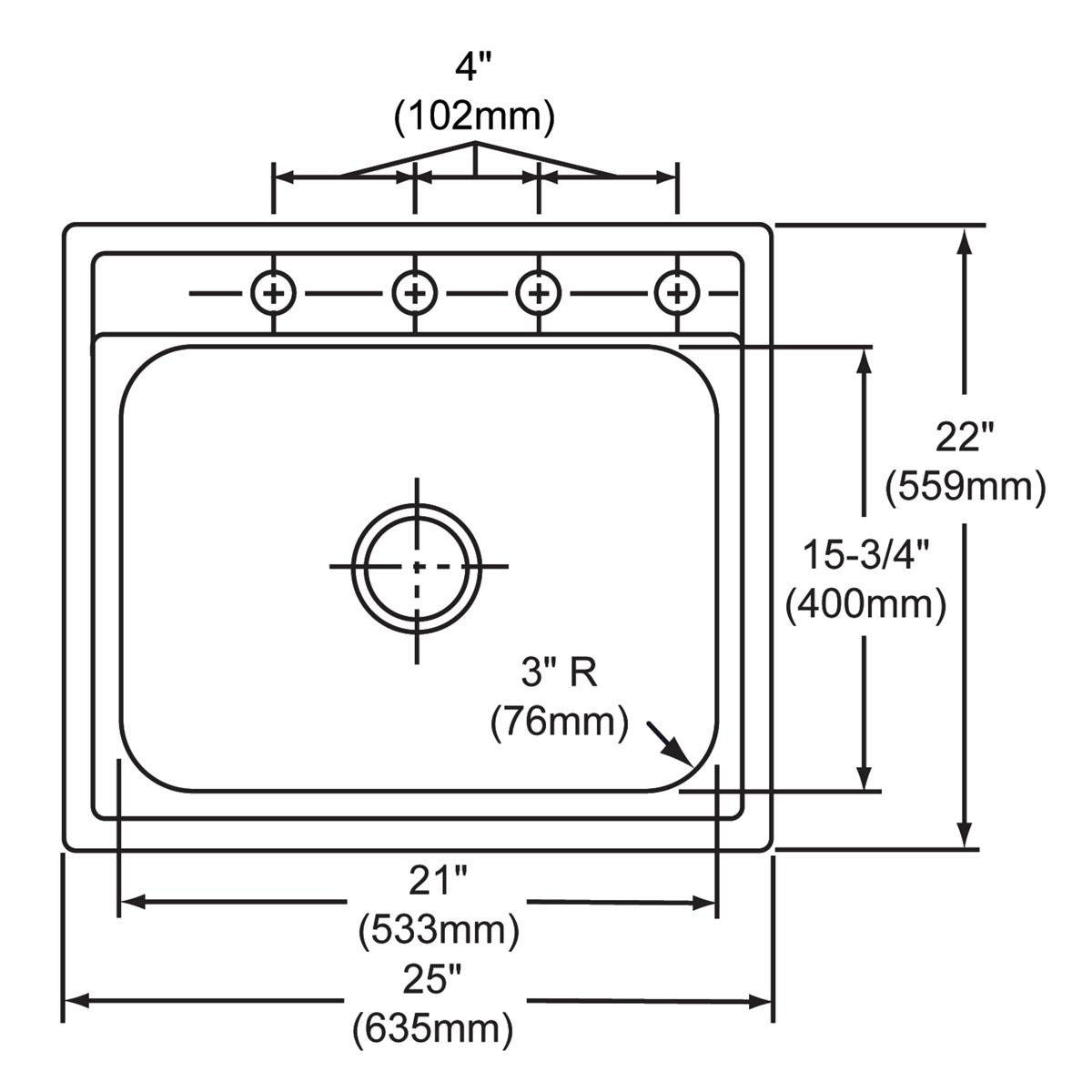 Elkay Dayton Stainless Steel 25" x 22" x 10-1/4", 0-Hole Single Bowl Drop-in Sink