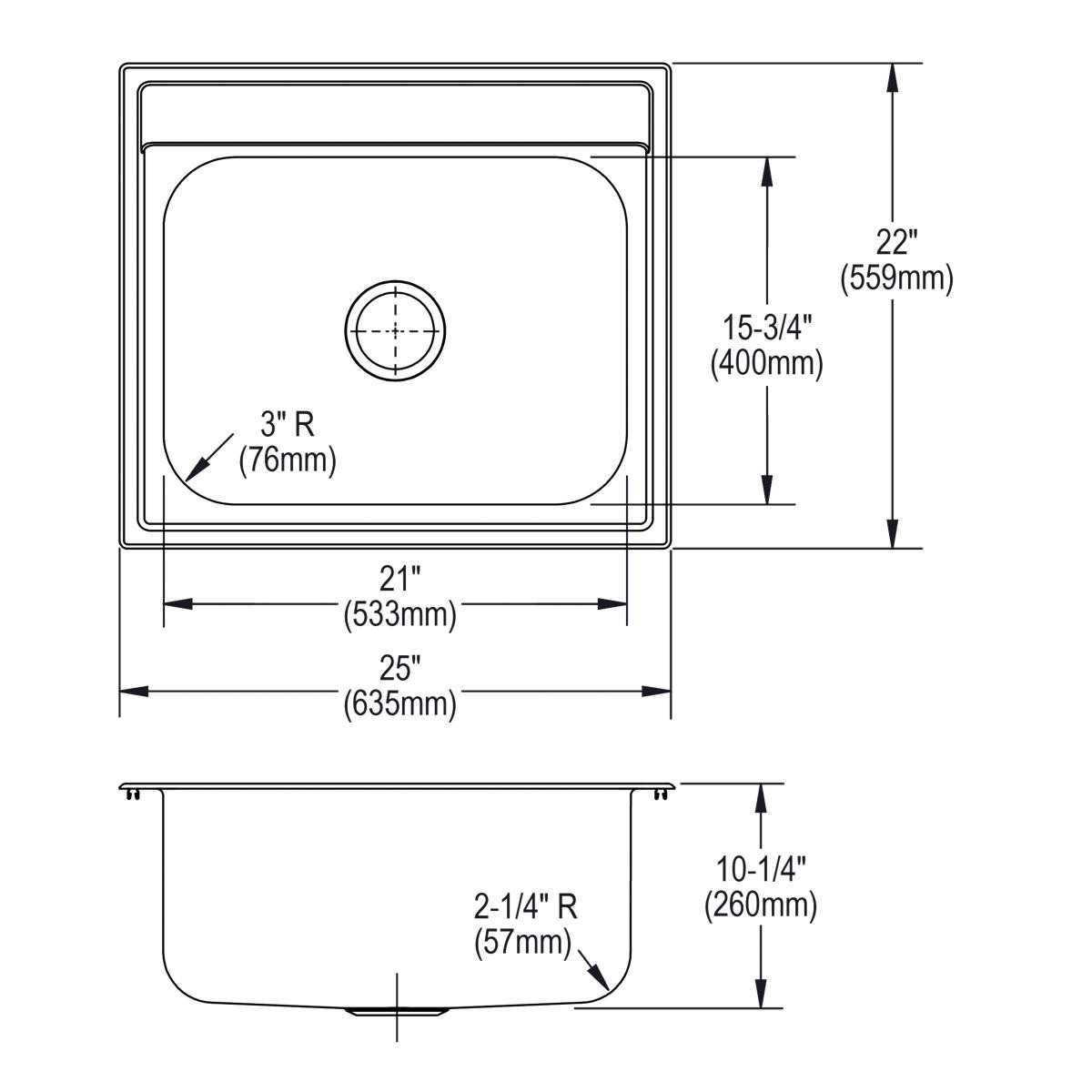 Elkay Dayton Stainless Steel 25" x 22" x 10-1/4", 0-Hole Single Bowl Drop-in Sink