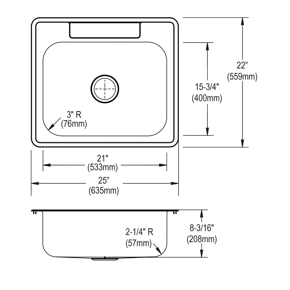 Elkay Dayton Stainless Steel 25" x 22" x 8-3/16", 3-Hole Single Bowl Drop-in Sink