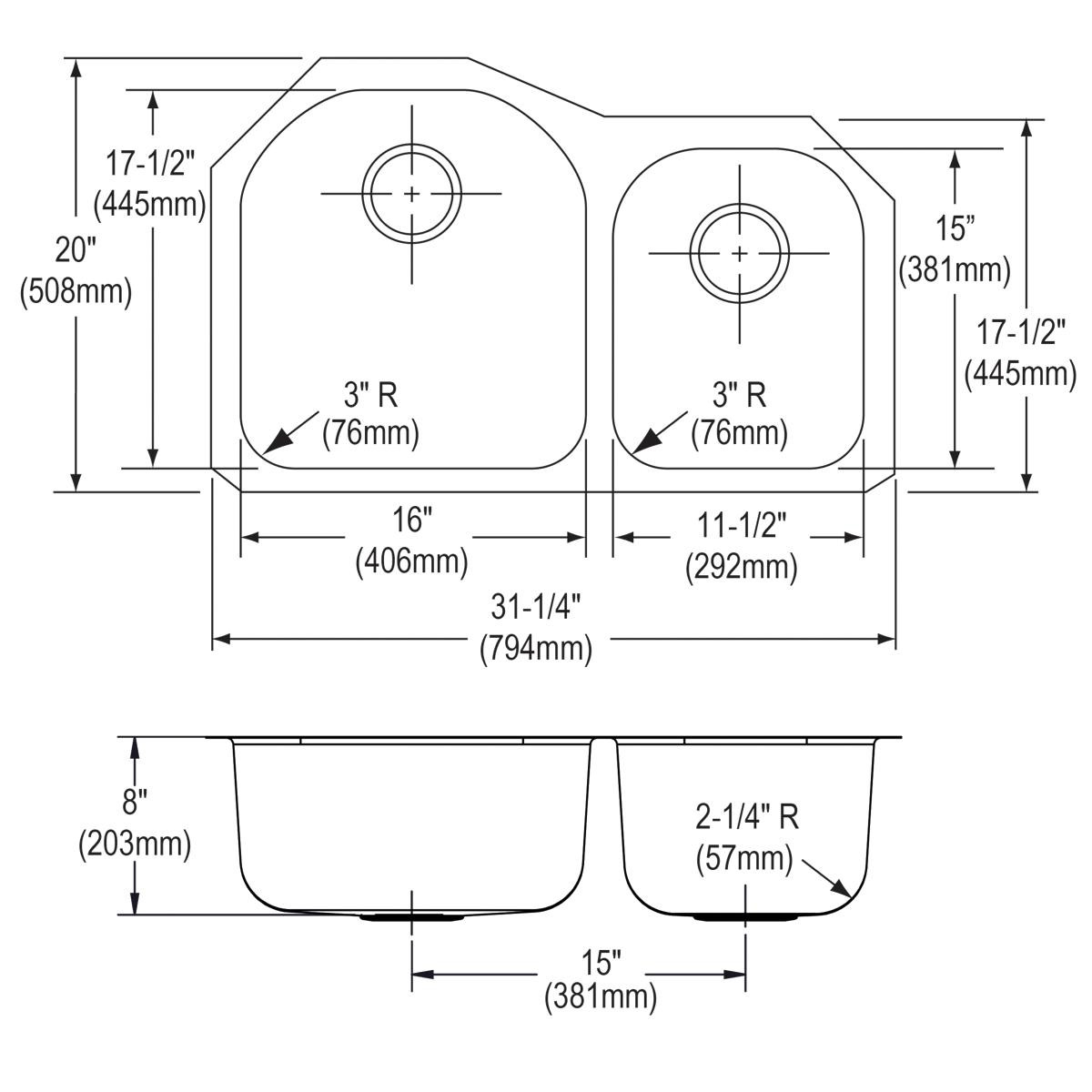 Elkay Dayton Stainless Steel 31-1/4" x 20" x 8" Offset 60/40 Double Bowl Undermount Sink
