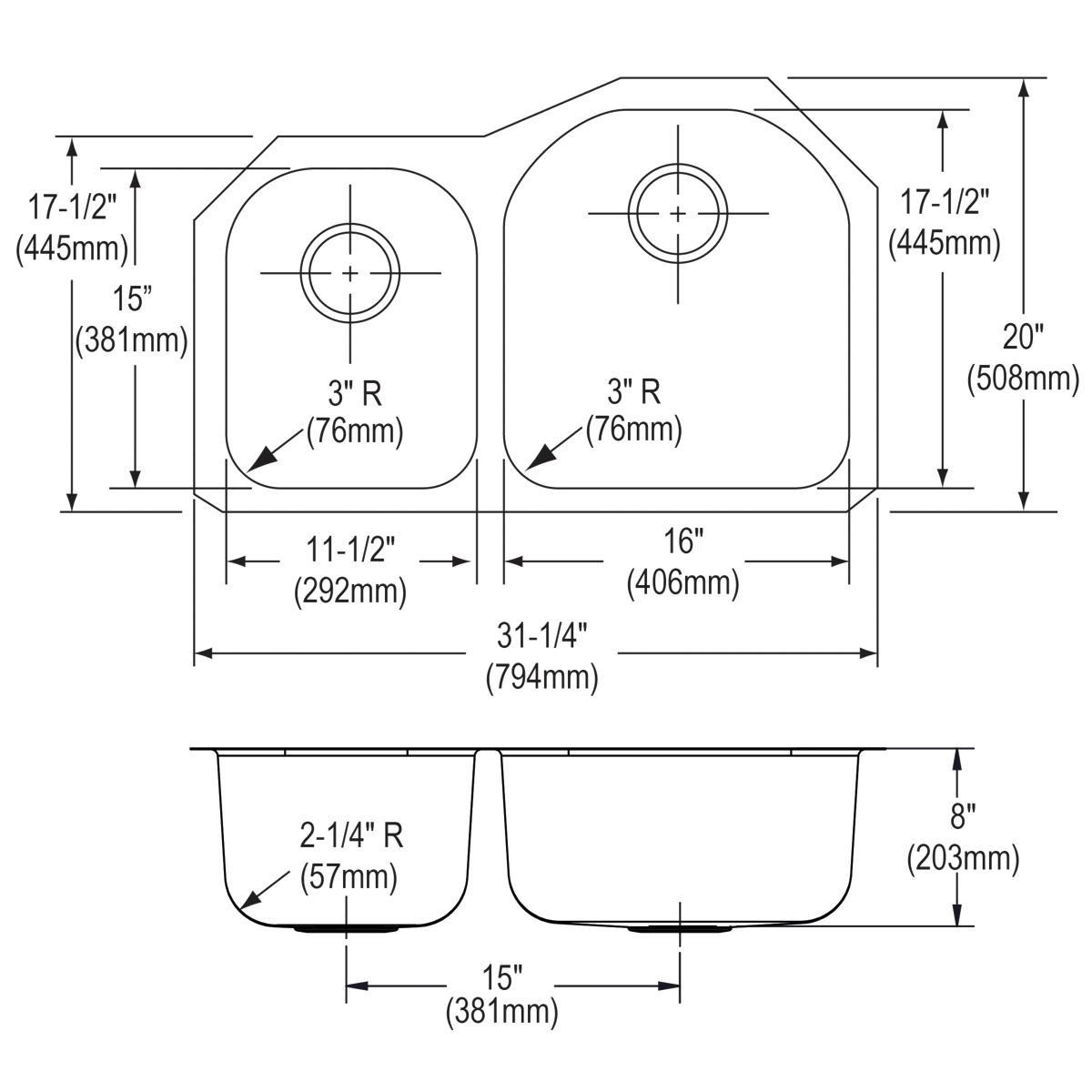Elkay Dayton Stainless Steel 31-1/4" x 20" x 8", Offset 40/60 Double Bowl Undermount Sink - DCFU3119L