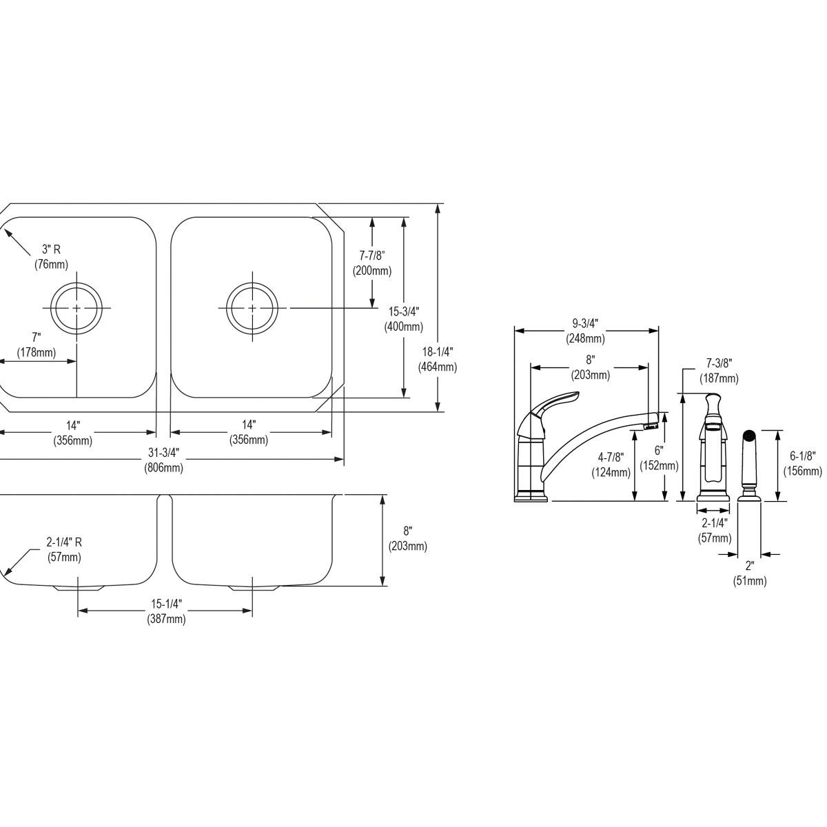 Elkay Dayton Stainless Steel 31-3/4" x 18-1/4" x 8", Equal Double Bowl Undermount Sink and Faucet Kit