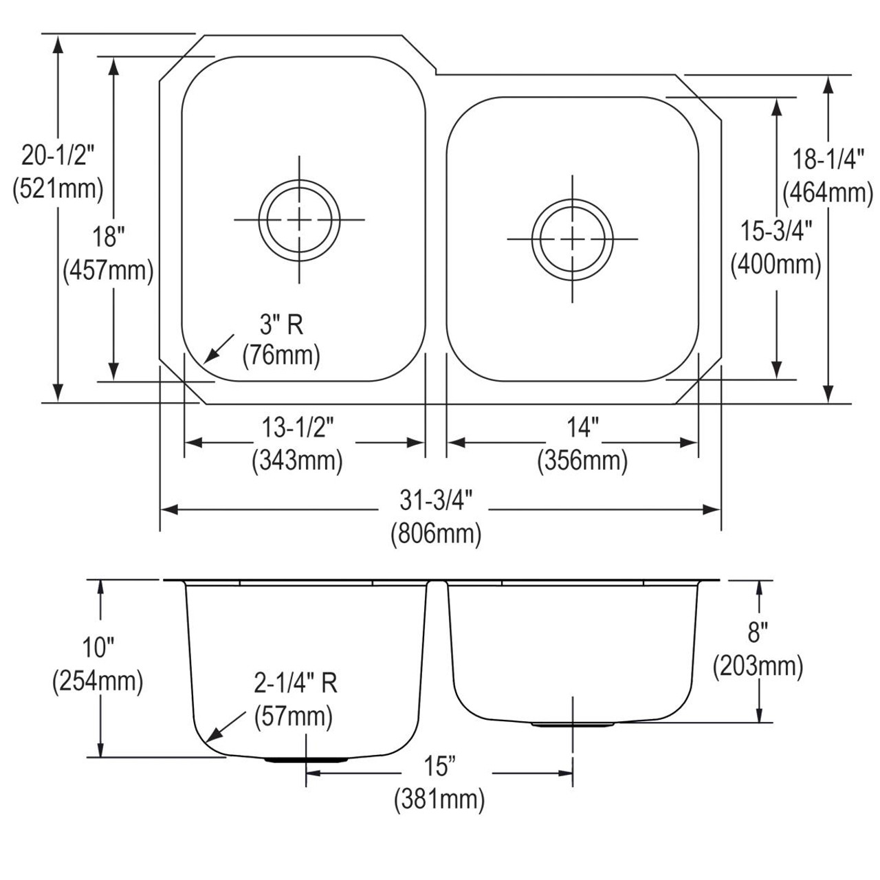 Elkay Dayton Stainless Steel 31-3/4" x 20-1/2" x 10" 60/40 Double Bowl Undermount Sink - DCFU312010R