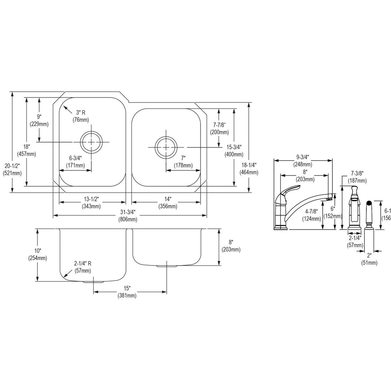 Elkay Dayton Stainless Steel 31-3/4" x 20-1/2" x 10", Offset Double Bowl Undermount Sink and Faucet Kit