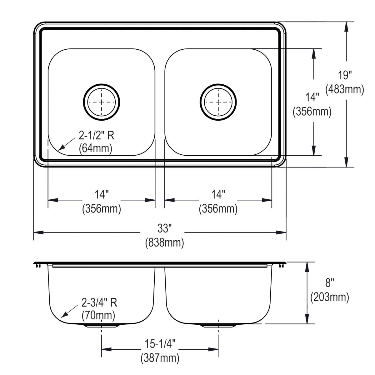 Elkay Dayton Stainless Steel 33" x 19" x 8", 3-Hole Equal Double Bowl Drop-in Sink
