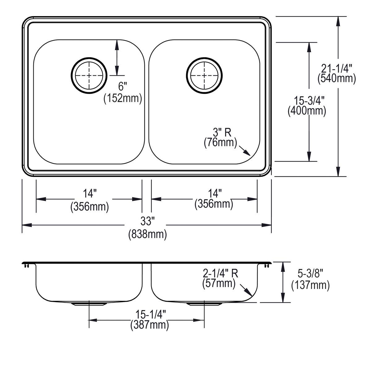 Elkay Dayton Stainless Steel 33" x 21-1/4" x 5-3/8" 1-Hole Equal Double Bowl Drop-in Sink