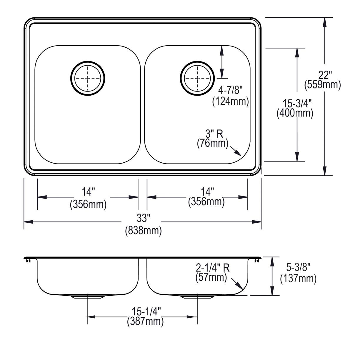 Elkay Dayton Stainless Steel 33" x 22" x 5-3/8" MR2-Hole Equal Double Bowl Drop-in Sink