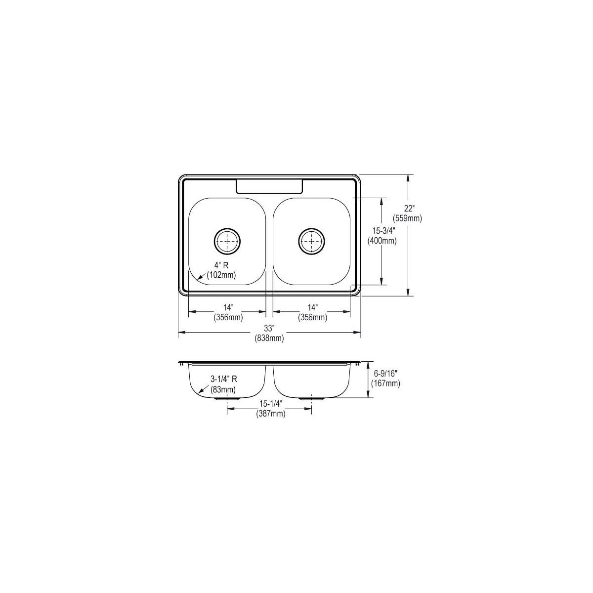 Elkay Dayton Stainless Steel 33" x 22" x 6-9/16" MR2-Hole Equal Double Bowl Drop-in Sink