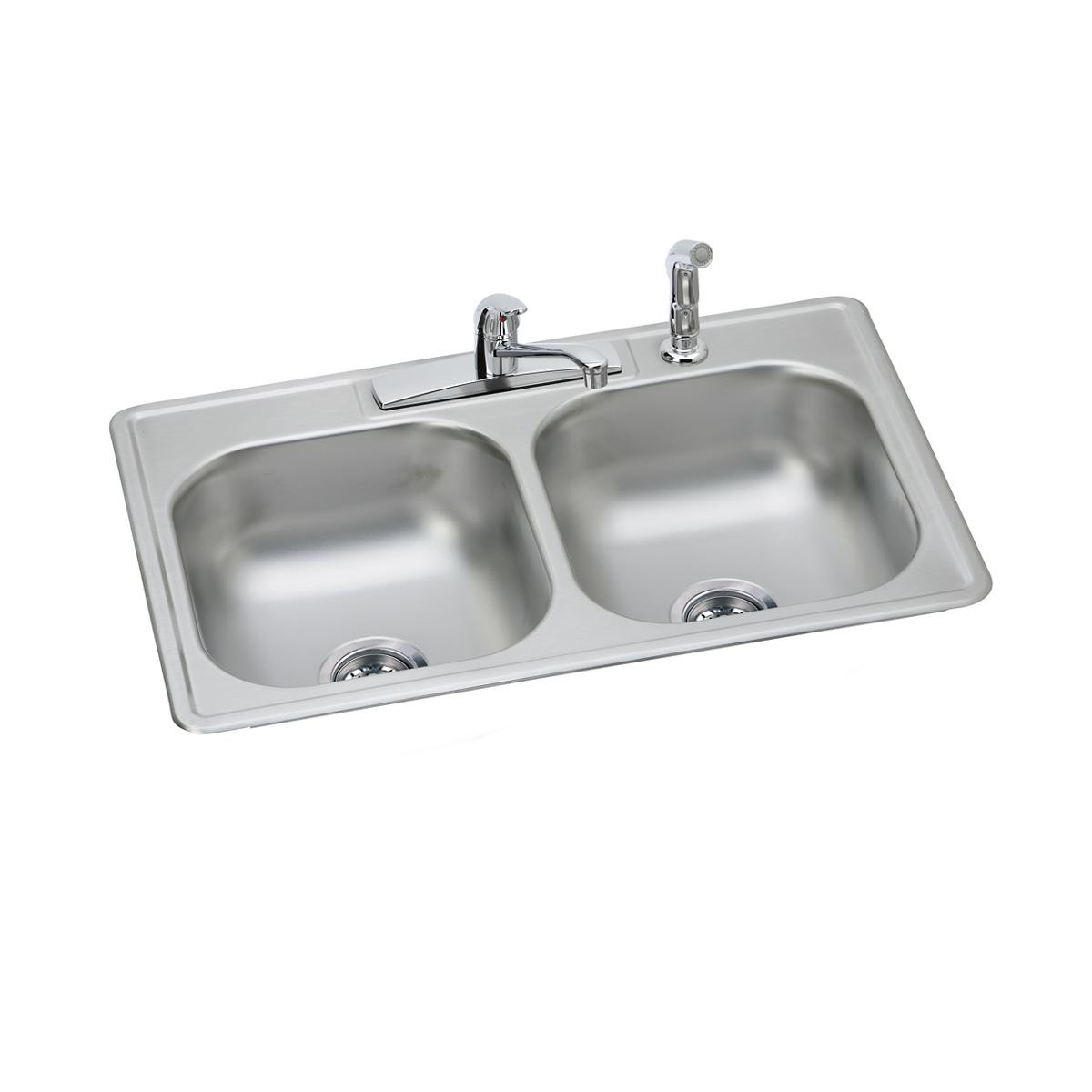 Elkay Dayton Stainless Steel 33" x 22" x 7-1/16" 4-Hole Equal Double Bowl Drop-in Sink and Faucet Kit