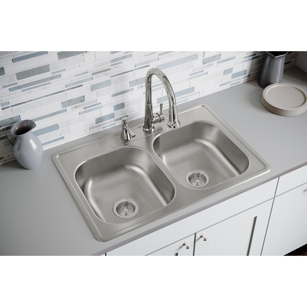 Elkay Dayton Stainless Steel 33" x 22" x 7-1/16", 2-Hole Equal Double Bowl Drop-in Sink