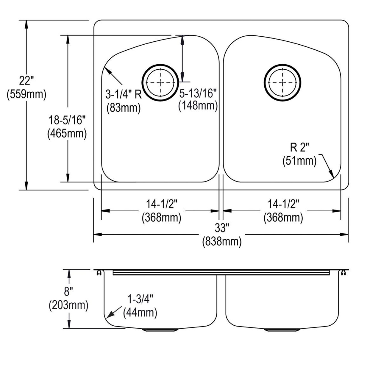 Elkay Dayton Stainless Steel 33" x 22" x 8", 2L-Hole Equal Double Bowl Dual Mount Sink