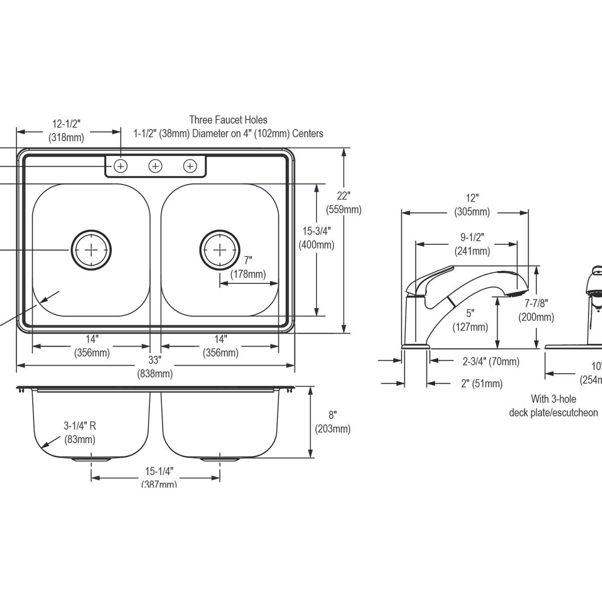 Elkay Dayton Stainless Steel 33" x 22" x 8-1/16" 3-Hole Equal Double Bowl Drop-in Sink and Faucet Kit