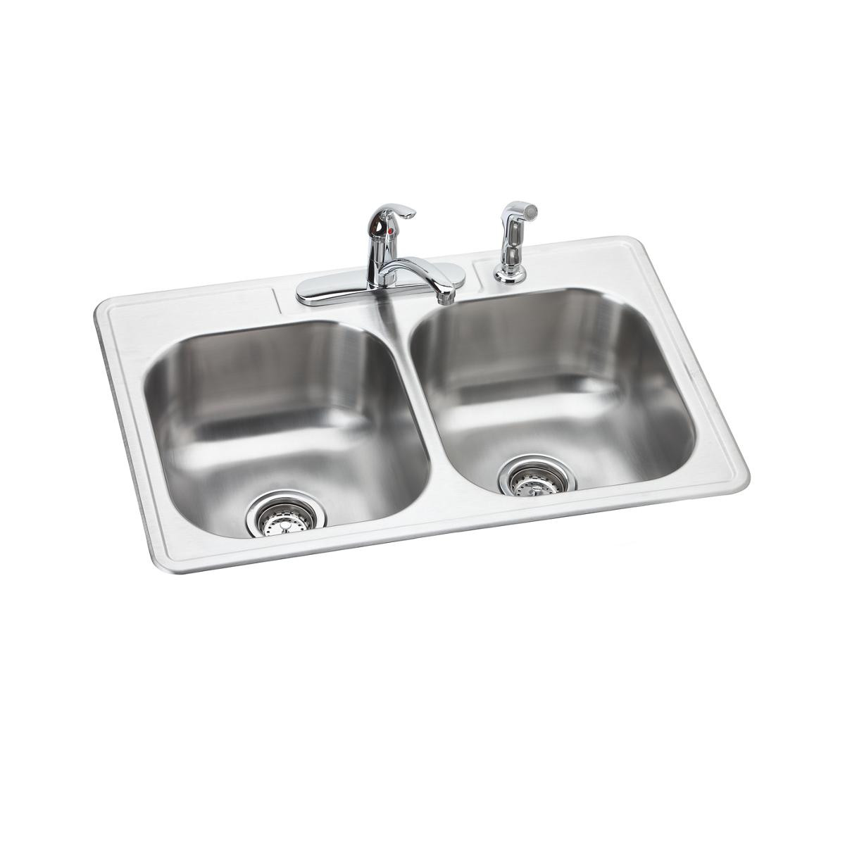 Elkay Dayton Stainless Steel 33" x 22" x 8-1/16" 4-Hole Equal Double Bowl Drop-in Sink and Faucet Kit