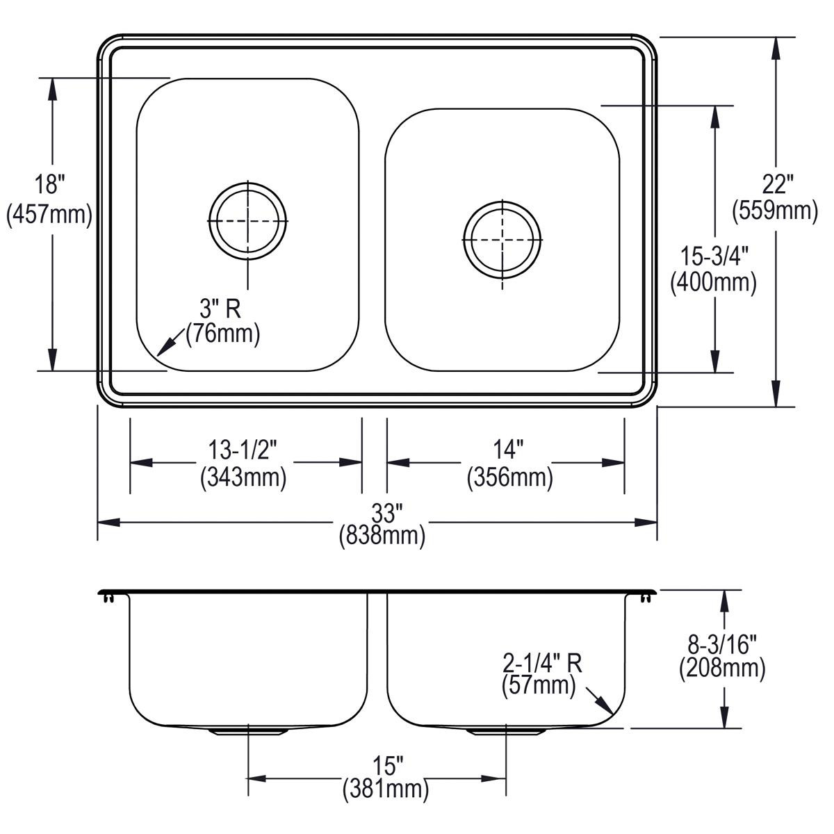 Elkay Dayton Stainless Steel 33" x 22" x 8-3/16" Offset 4-Hole Double Bowl Drop-in Sink