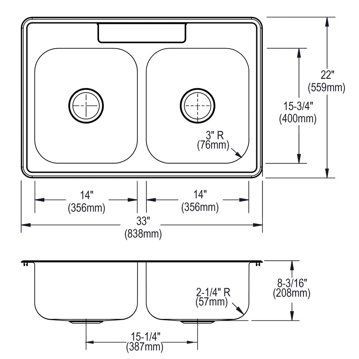 Elkay Dayton Stainless Steel 33" x 22" x 8-3/16", 0-Hole Equal Double Bowl Drop-in Sink