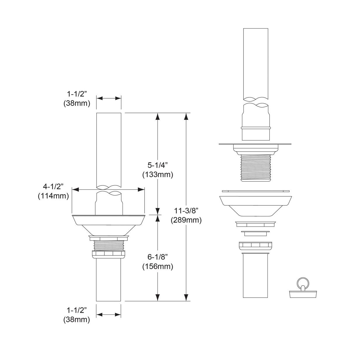 Elkay 3-1/2" Drain with Removable Standpipe 6-5/8" (5-1/4" assembled) with "O" ring rubber stopper