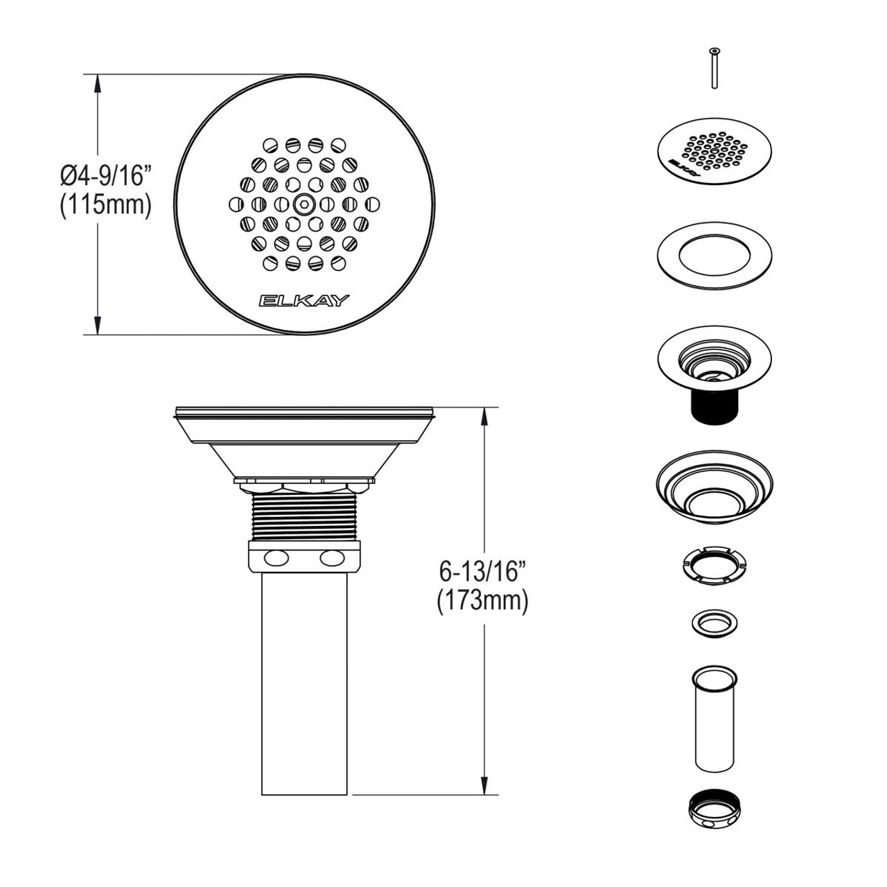 Elkay 3-1/2"Drain Nickel Plated Brass Body Vandal-resistant Strainer and Tailpiece