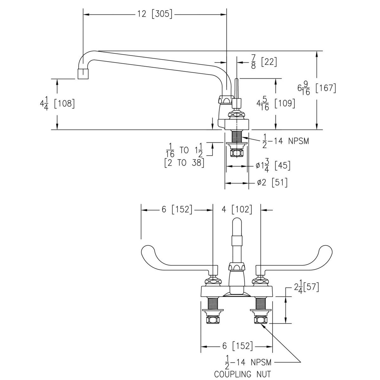 Elkay 4" Centerset with Exposed Deck Faucet with 12" Arc Tube Spout 6" Wristblade Handles