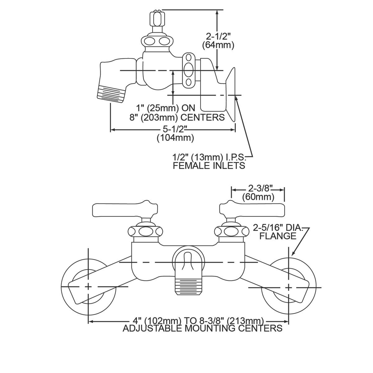 Elkay 4"-8-3/8" Adjustable Centers Wall Mount Faucet with Bucket Hook Spout 2" Lever Handles Rough Chrome