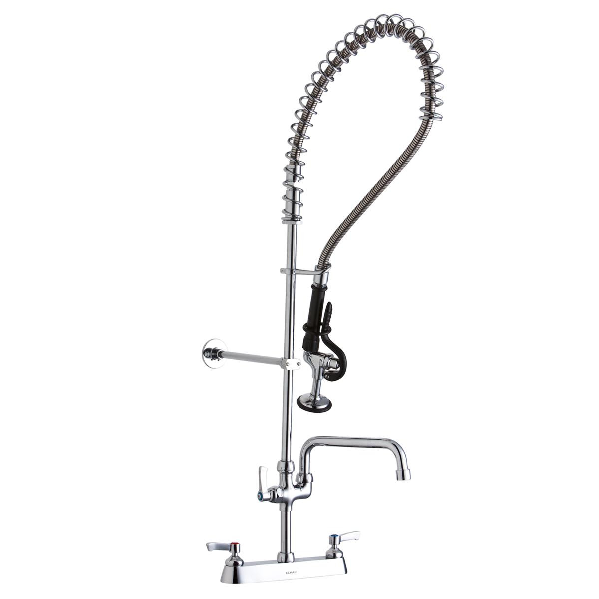 Elkay 8" Centerset Exposed Deck Mount Faucet 44in Flexible Hose with 1.2 GPM Spray Head + 10" Arc Tube Spout 2" Lever Handles