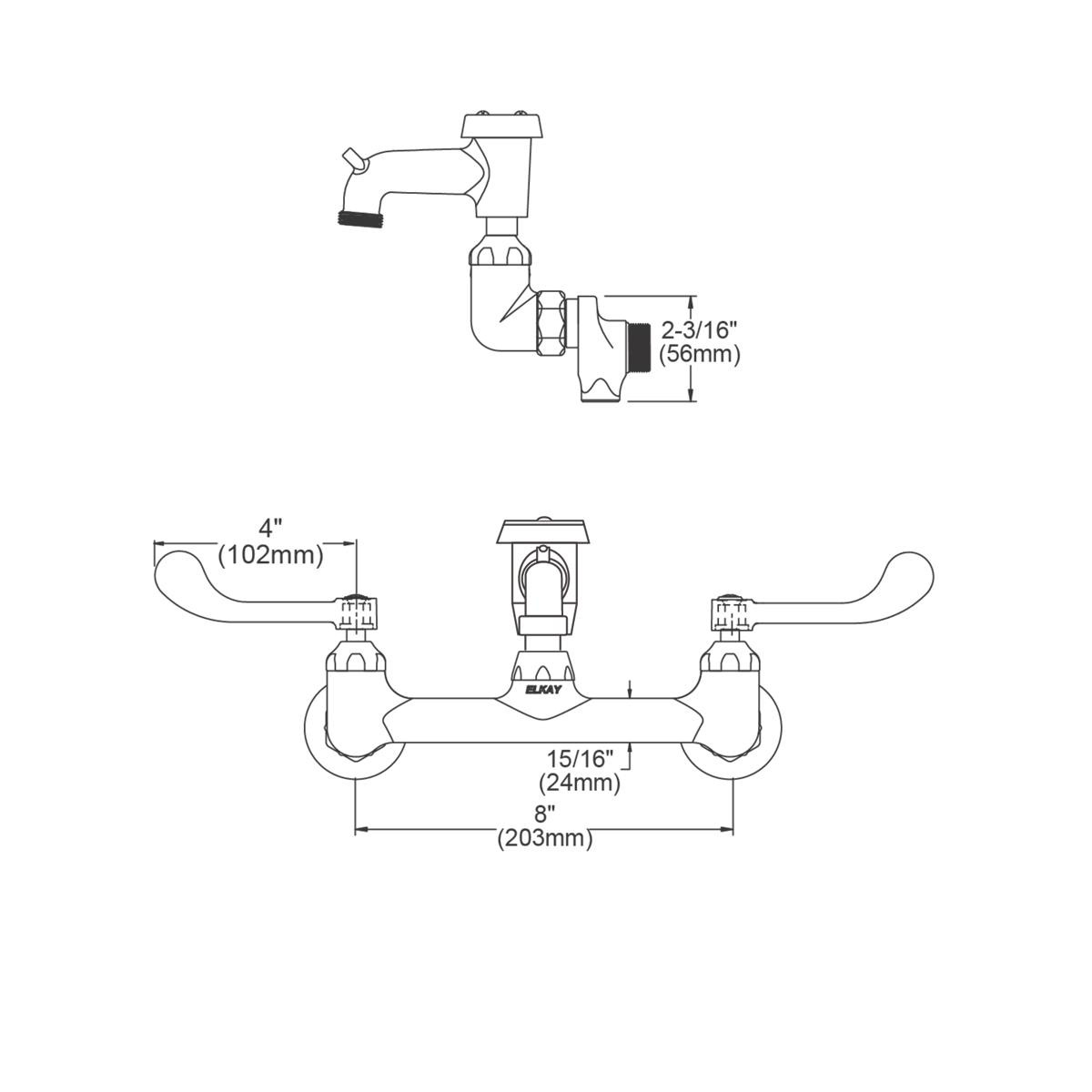 Elkay 8" Centerset Wall Mount Faucet 3" Bucket Hook Spt 4" Wristblade Handles 1/2" Offset Inlets+Stop Rough Chrome