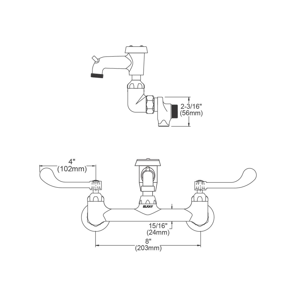 Elkay 8" Centerset Wall Mount Faucet 3" Bucket Hook Spt 4in Wristblade Handles 1/2" Offset Inlets+Stop Polished Chrome