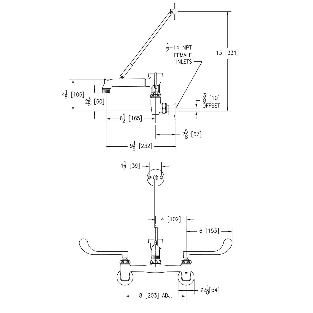 Elkay 8" Centerset Wall Mount Faucet 7" Bucket Hook Spout 6" Wristblade Handle 1/2" Offset Inlets+Stop Rough Chrome