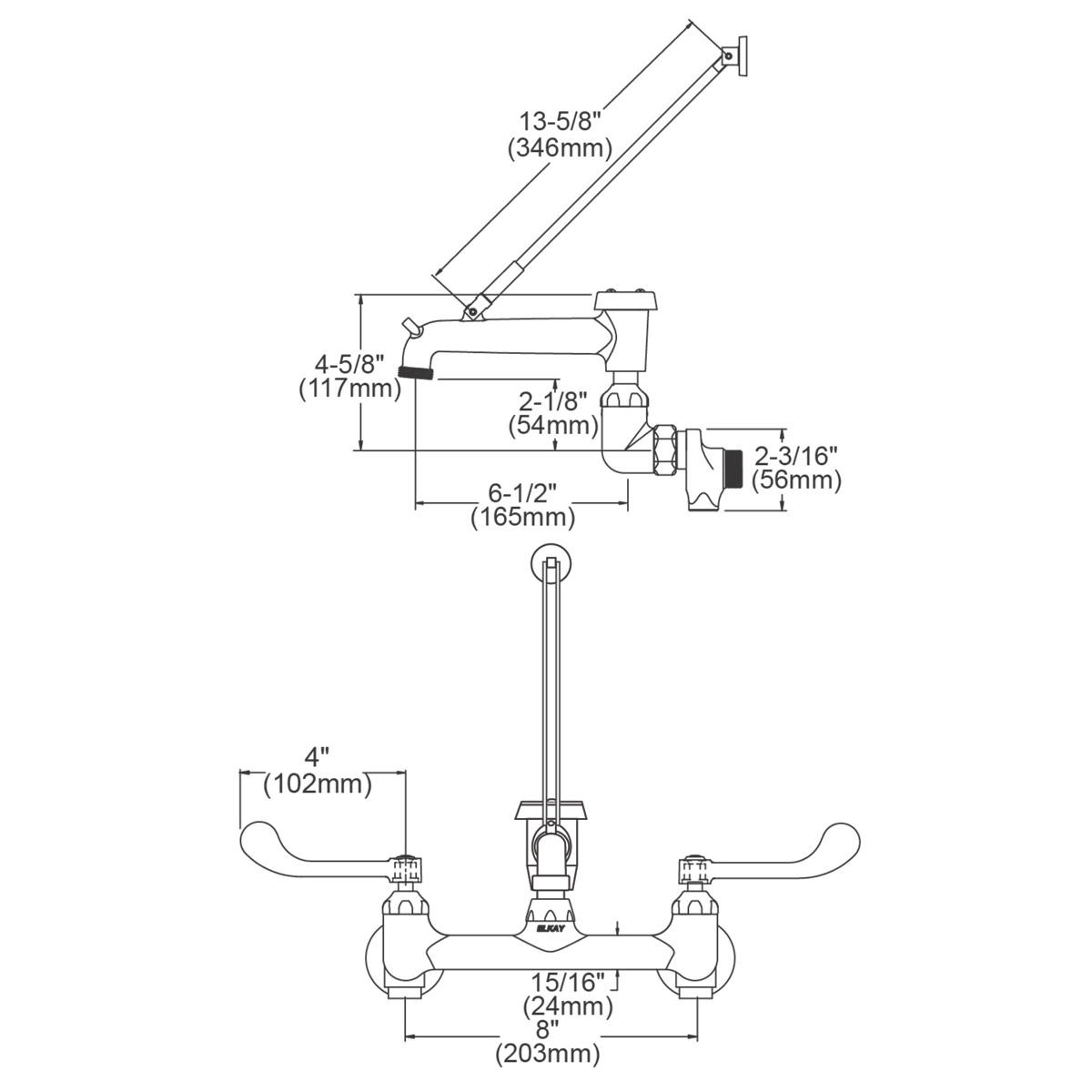 Elkay 8" Centerset Wall Mount Faucet 7" Bucket Hook Spt 4in Wristblade Handles 1/2" Offset Inlets+Stop Polished Chrome