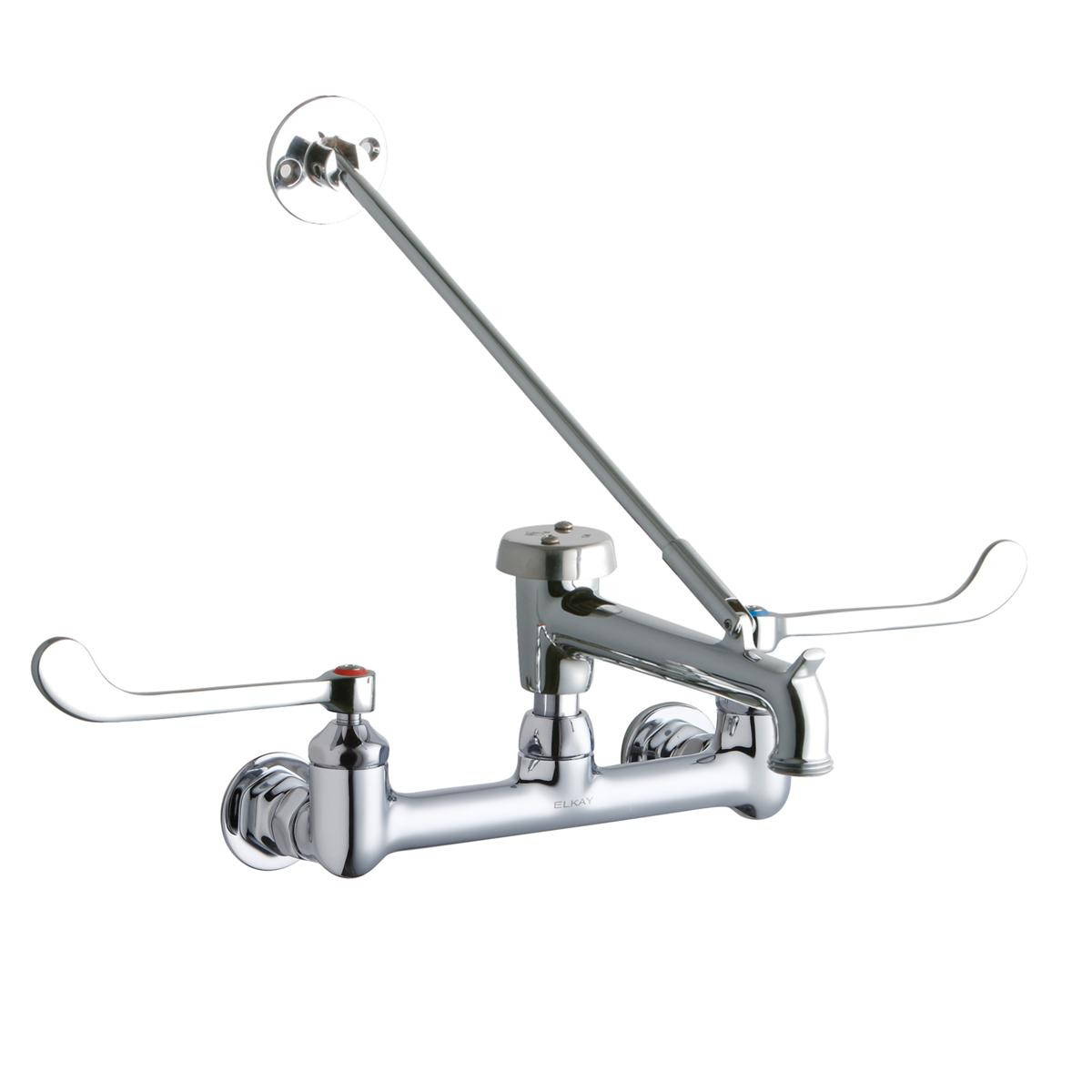 Elkay 8" Centerset Wall Mount Faucet w/7" Bucket Hook Spt 6in Wristblade Handles 1/2" Offset Inlet Polished Chrome