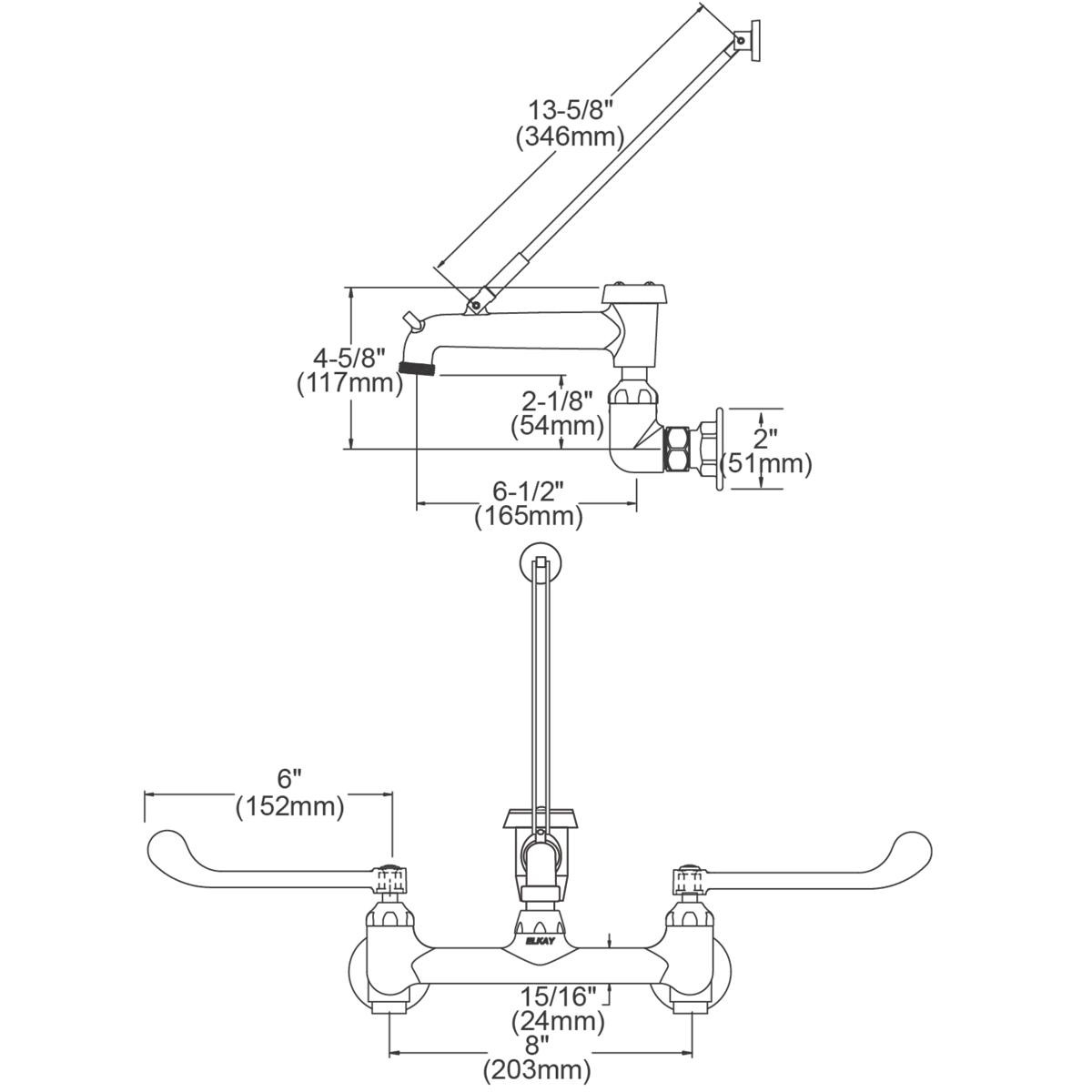 Elkay 8" Centerset Wall Mount Faucet w/7" Bucket Hook Spt 6in Wristblade Handles 1/2" Offset Inlet Polished Chrome