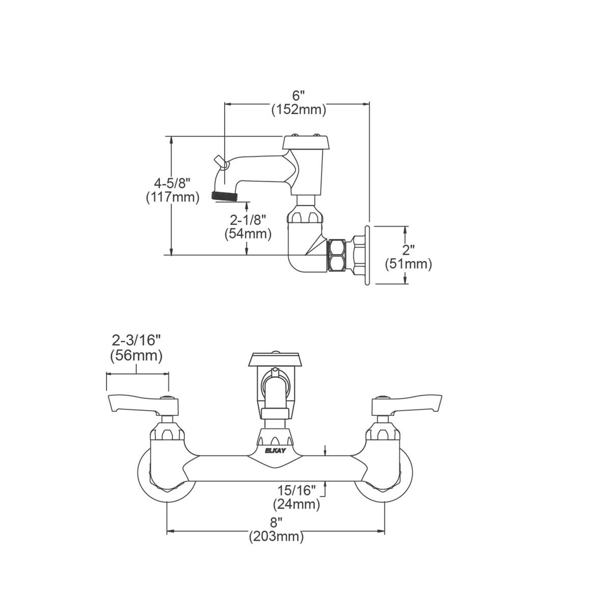Elkay 8" Centerset Wall Mount Faucet with 3" Bucket Hook Spout 2" Lever Handles 1/2" Offset Inlets Polished Chrome