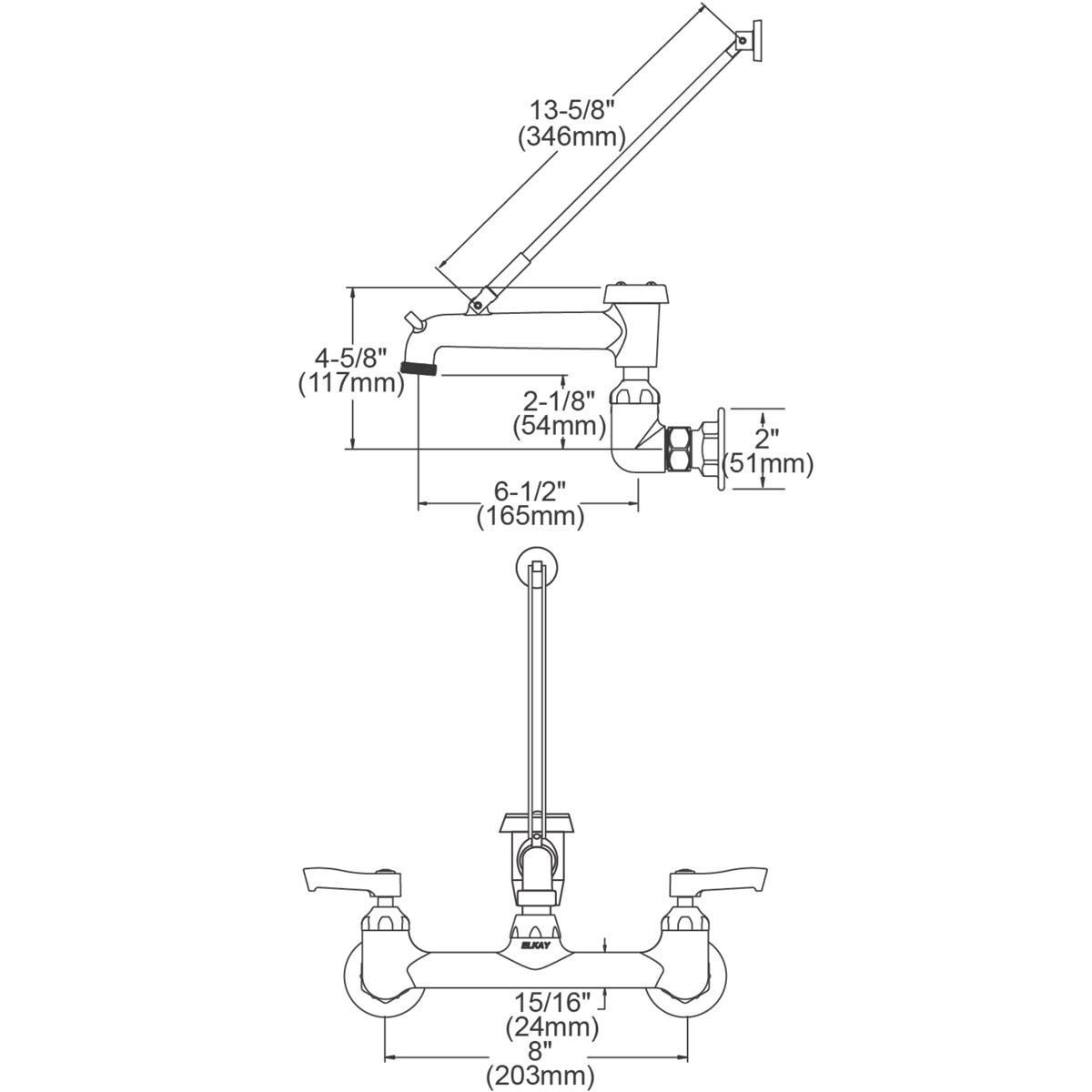 Elkay 8" Centerset Wall Mount Faucet with 7" Bucket Hook Spout 2" Lever Handles 1/2" Offset Inlets Polished Chrome