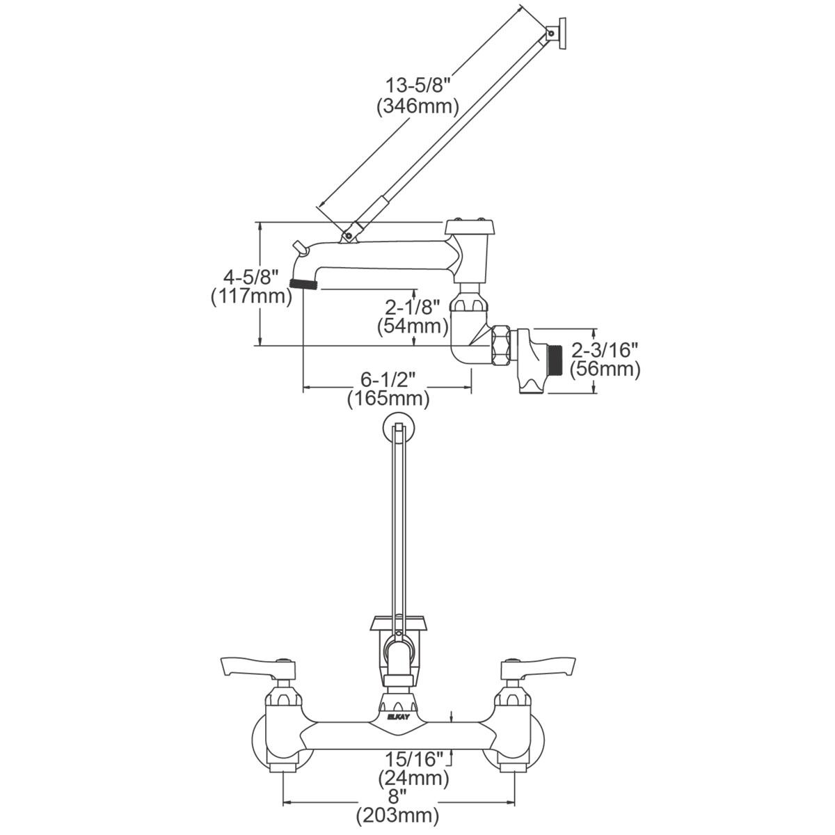 Elkay 8" Centerset Wall Mount Faucet with 7" Bucket Hook Spt 2" Lever Handles 1/2" Offset Inlets+Stop Rough Chrome