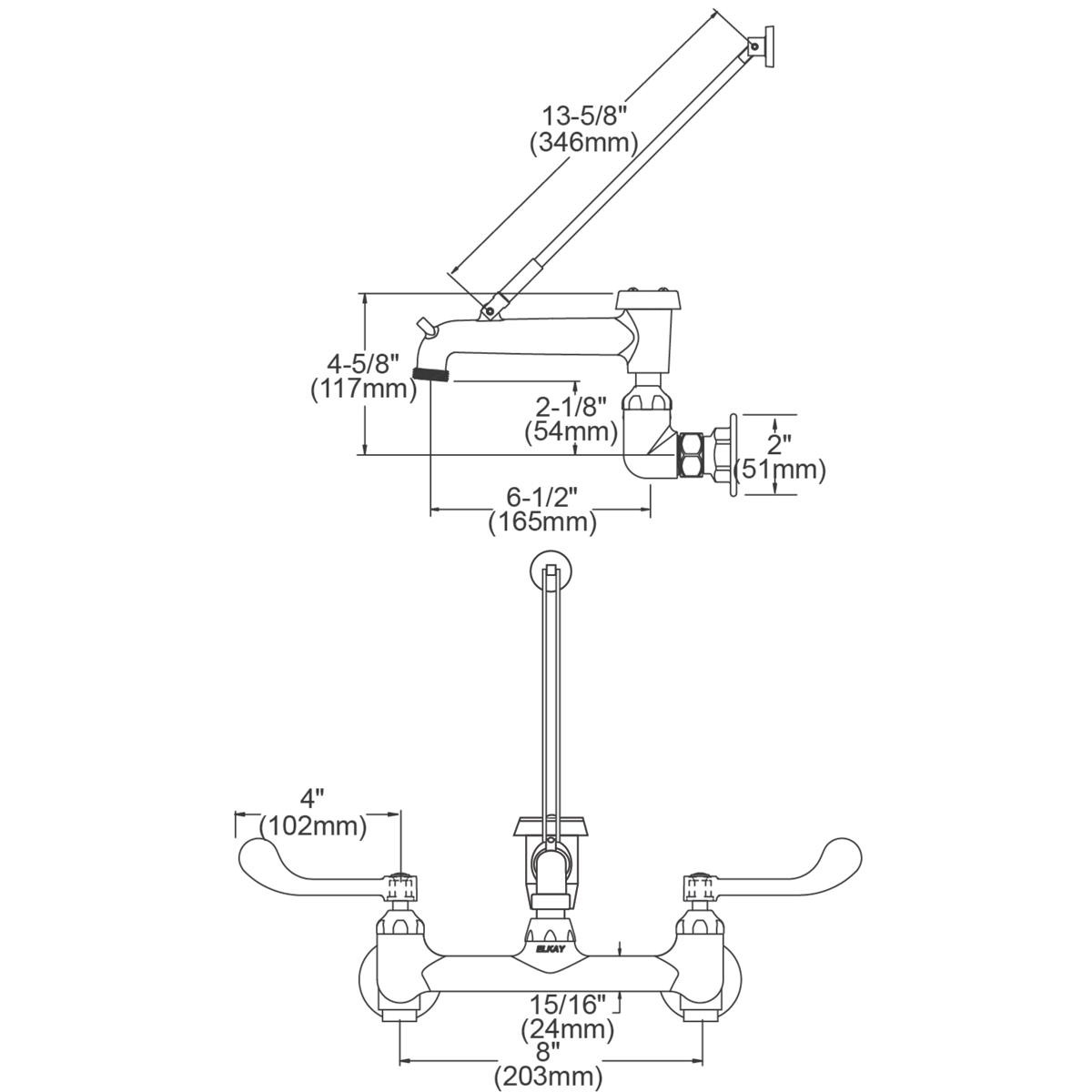 Elkay 8" Centerset Wall Mount Faucet with 7" Bucket Hook Spt 4" Wristblade Handles 1/2" Offset Inlets Rough Chrome