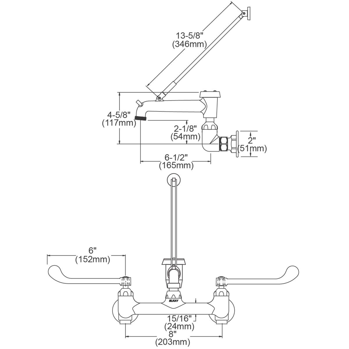 Elkay 8" Centerset Wall Mount Faucet with 7" Bucket Hook Spt 6" Wristblade Handles 1/2" Offset Inlets Rough Chrome