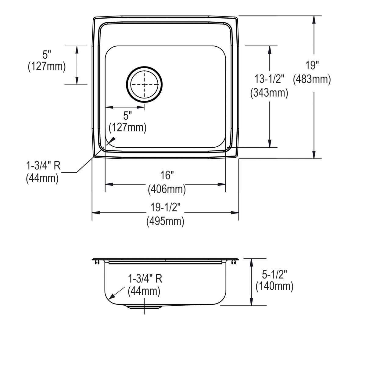 Elkay Celebrity Stainless Steel 19-1/2" x 19" x 5-1/2" MR2-Hole Single Bowl Drop-in ADA Sink with Quick-clip and Left Drain