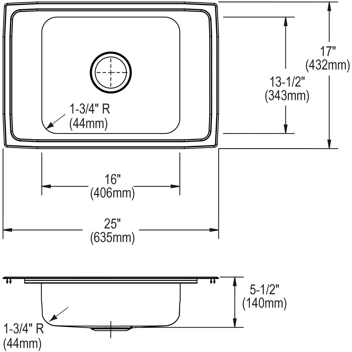 Elkay Celebrity Stainless Steel 25" x 17" x 5-1/2", 0-Hole Single Bowl Drop-in Classroom ADA Sink