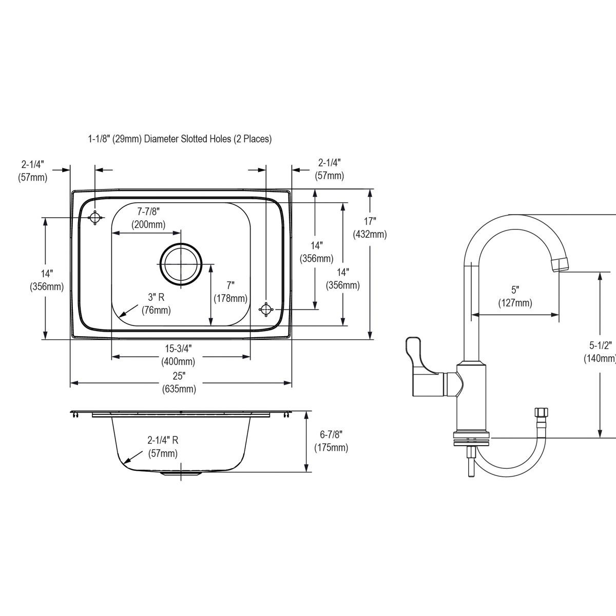 Elkay Celebrity Stainless Steel 25" x 17" x 6-7/8" 2-Hole Single Bowl Drop-in Classroom Sink and 8-5/8" Faucet / Bubbler Kit