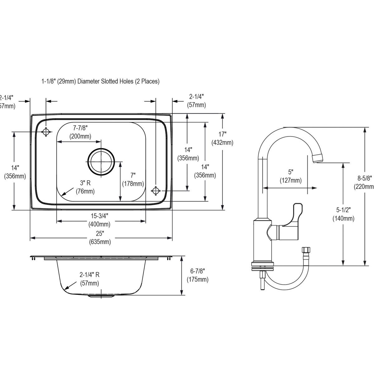 Elkay Celebrity Stainless Steel 25" x 17" x 6-7/8", 2-Hole Single Bowl Drop-in Classroom Sink and Faucet / Vandal-resistant Bubbler Kit