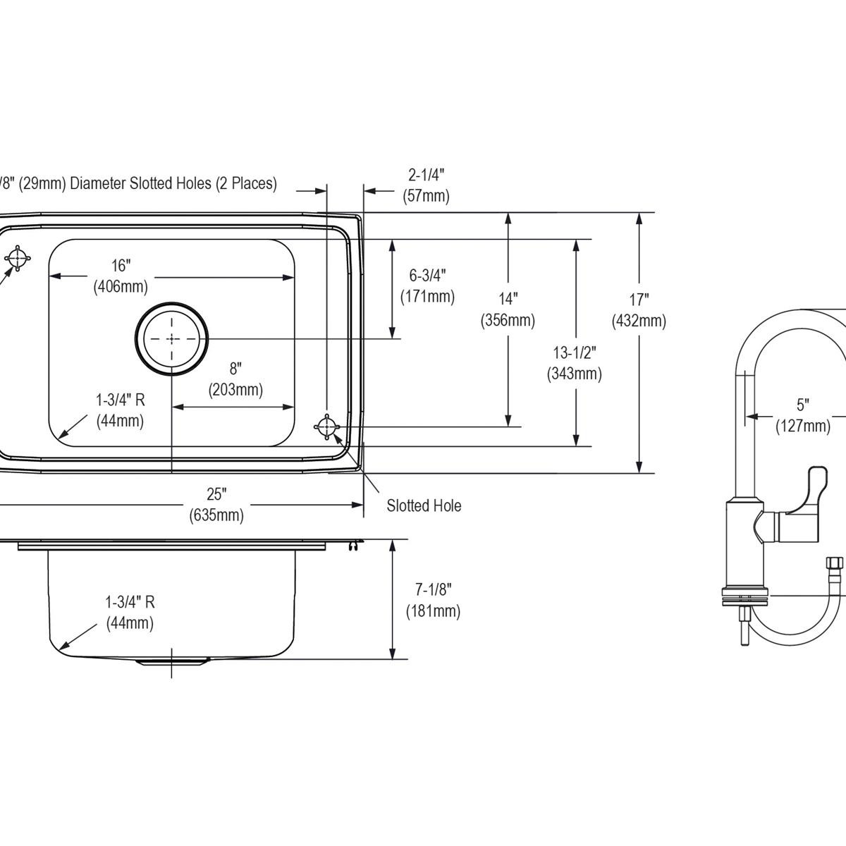 Elkay Celebrity Stainless Steel 25" x 17" x 7-1/8" 2-Hole Single Bowl Drop-in Classroom Sink and Faucet / Bubbler Kit