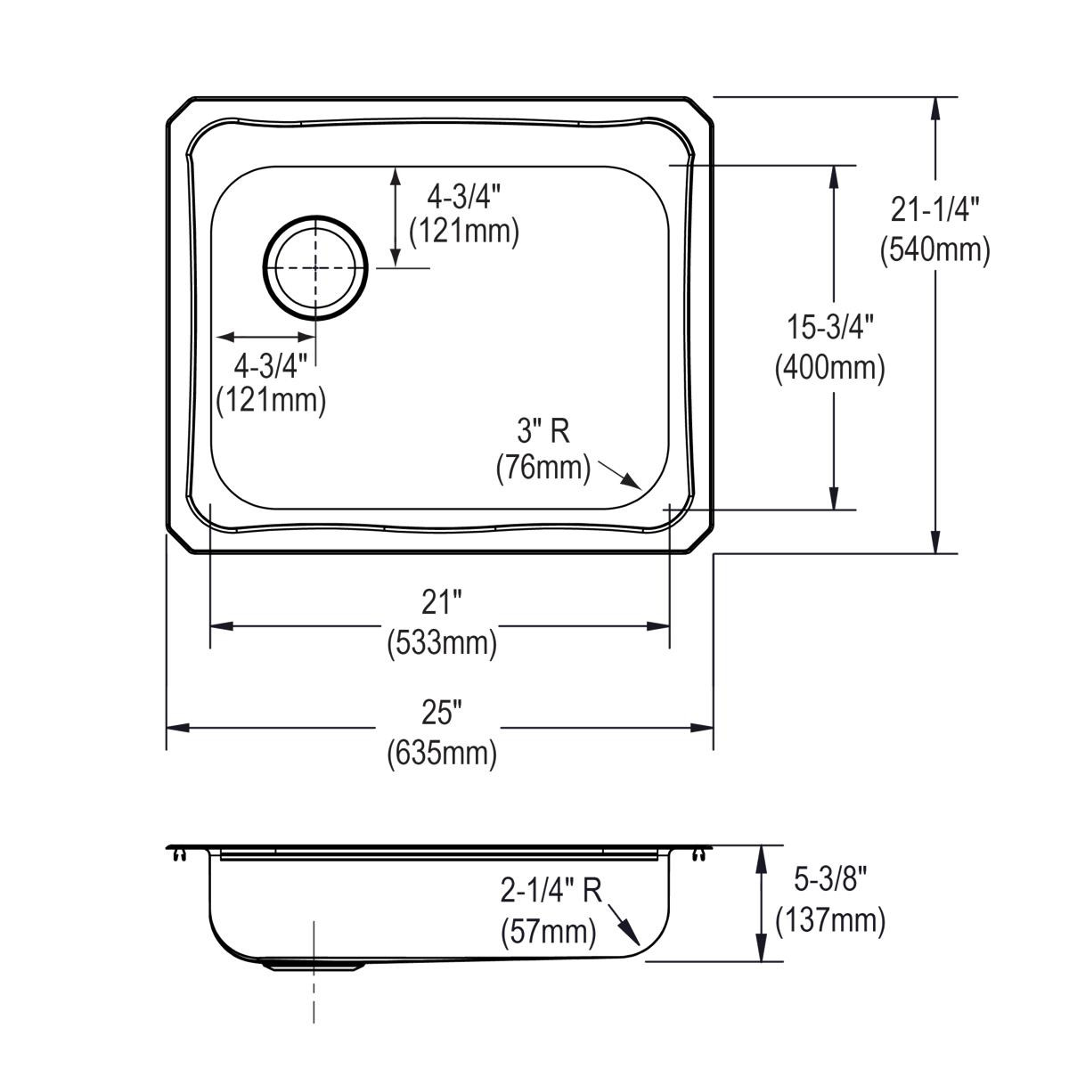 Elkay Celebrity Stainless Steel 25" x 21-1/4" x 5-3/8", 0-Hole Single Bowl Drop-in Sink with Left Drain