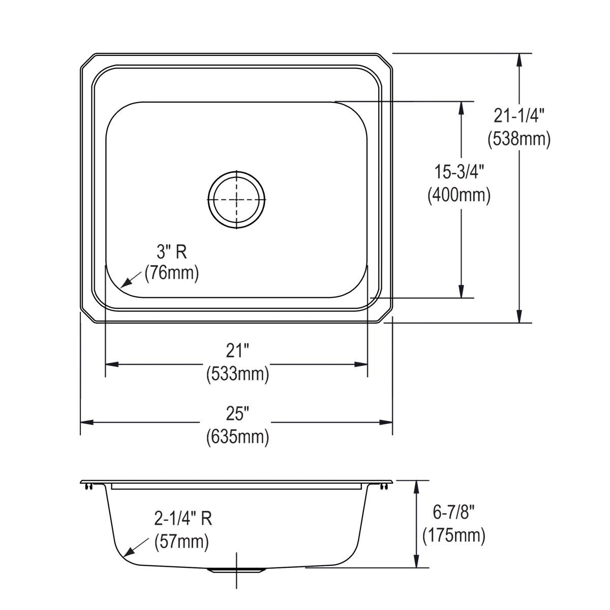 Elkay Celebrity Stainless Steel 25" x 21-1/4" x 6-7/8", 0-Hole Single Bowl Drop-in Sink