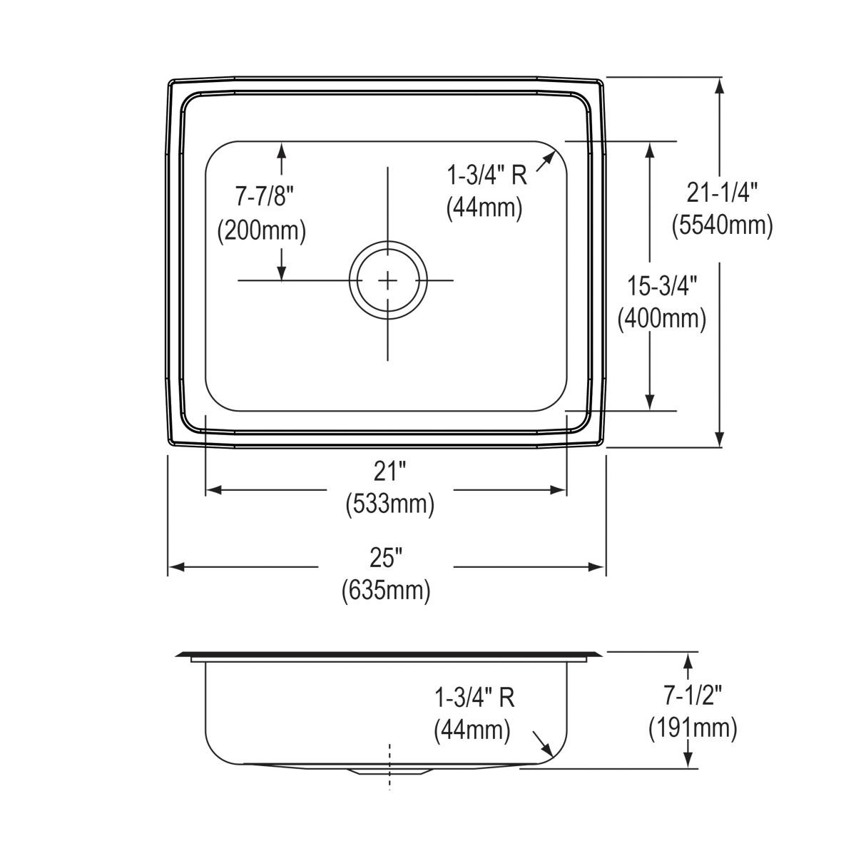 Elkay Celebrity Stainless Steel 25" x 21-1/4" x 7-1/2", 2-Hole Single Bowl Drop-in Sink
