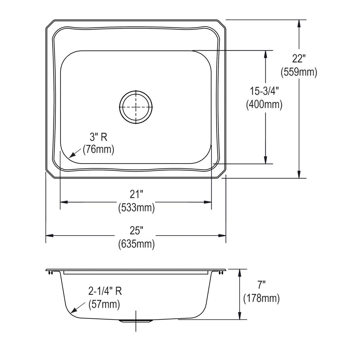Elkay Celebrity Stainless Steel 25" x 22" x 7" 3-Hole Single Bowl Drop-in Sink
