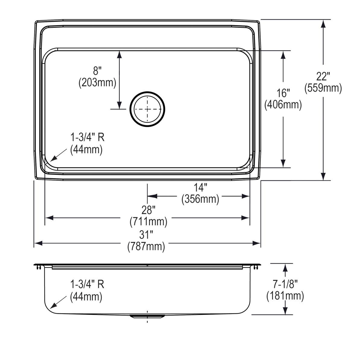 Elkay Celebrity Stainless Steel 31" x 22" x 7-1/8" 4-Hole Single Bowl Drop-in Sink